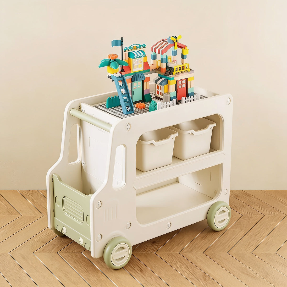 Lumiwee Cedar truck toy and book cart, Green – With Blocks & Bins option, in a bright room