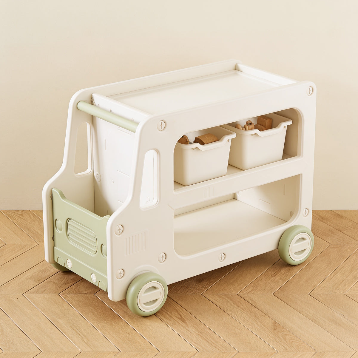 Lumiwee Cedar truck toy and book cart, Green – With Storage Bins option, in a bright room