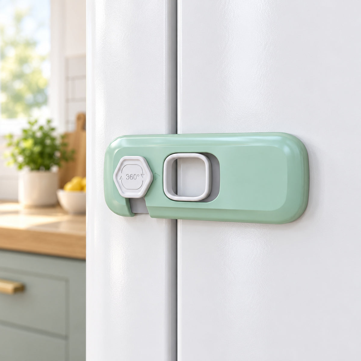 Mint-green Lumiwee child safety fridge lock installed across a white refrigerator door