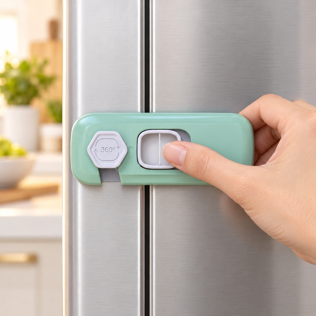 Adult using the slide-button release on a mint-green Lumiwee fridge lock