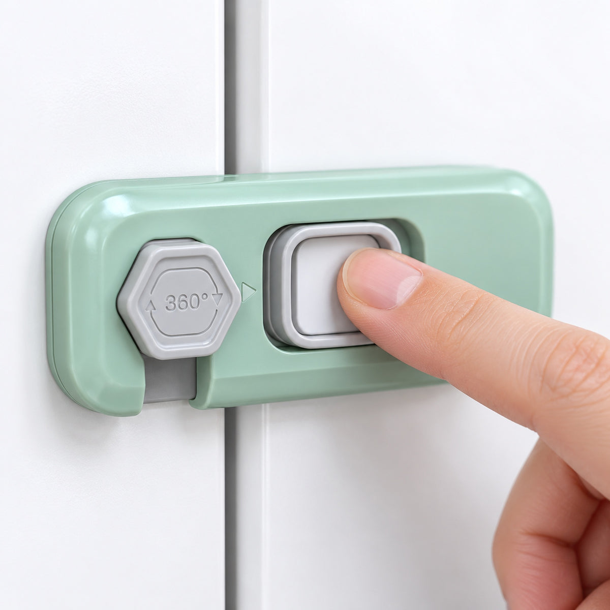 Close-up of the slide button and rotating catch on the Lumiwee fridge lock