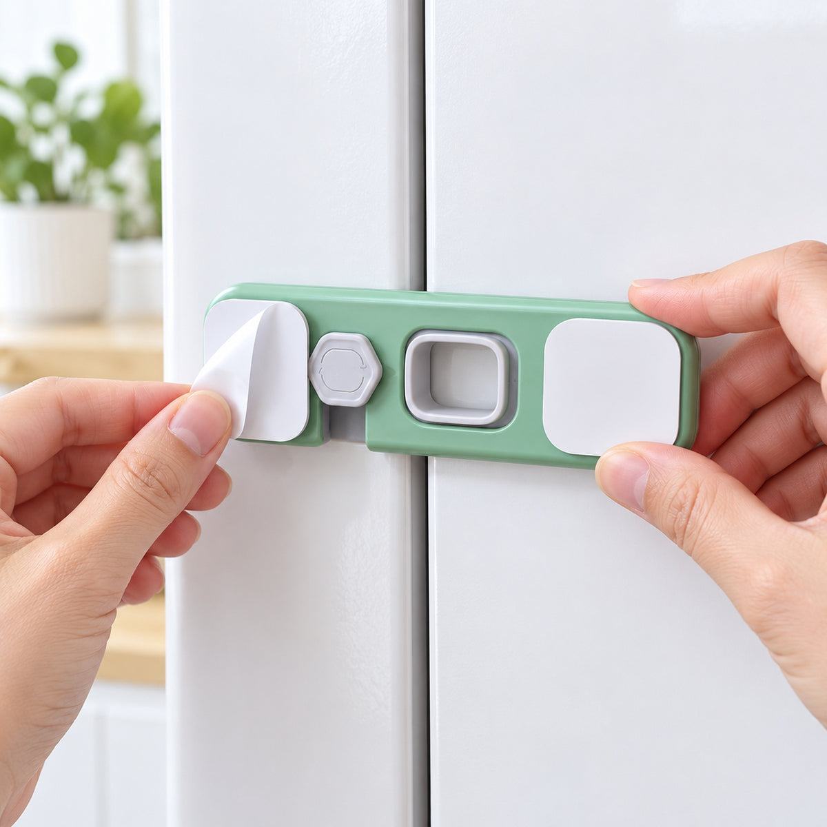 Adult peeling the adhesive backing while installing a Lumiwee fridge lock