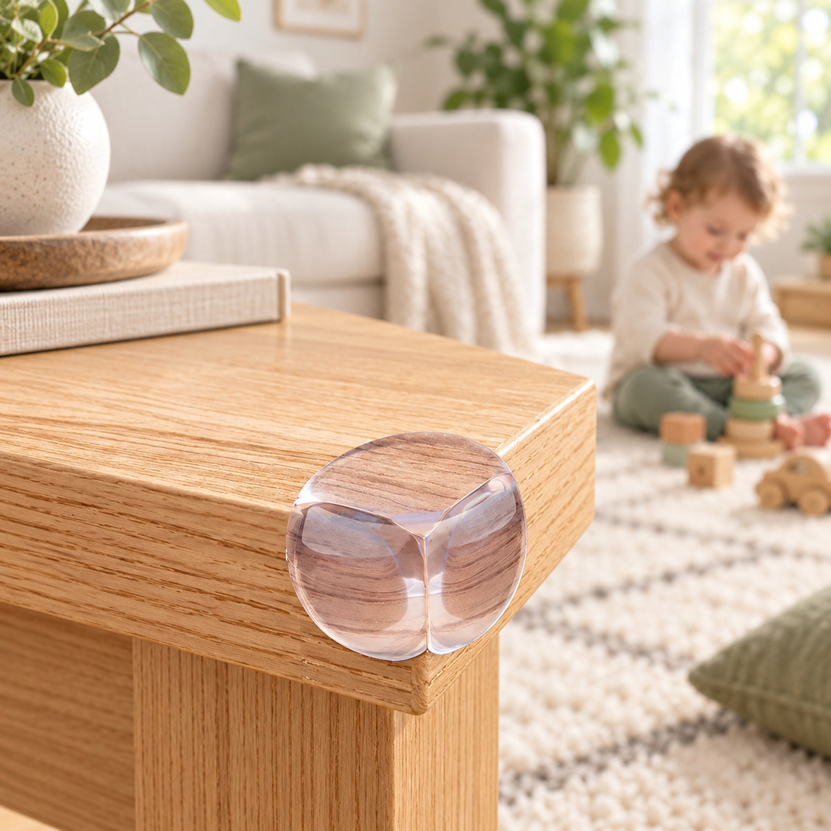 Clear Lumiwee corner guard installed on a light-oak coffee table with a toddler safely in the background