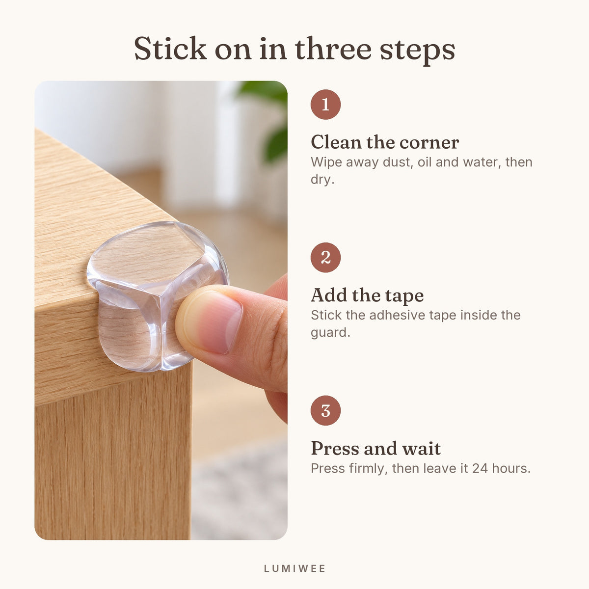 Lumiwee infographic: Corner Guards - Stick on in three steps