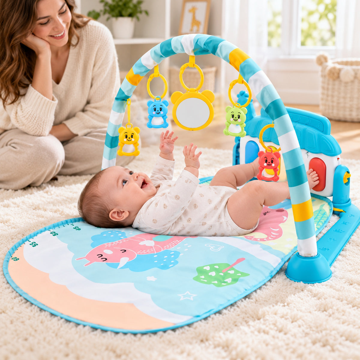 Awake infant kicking the piano on the blue elephant Lumiwee baby gym while a parent supervises