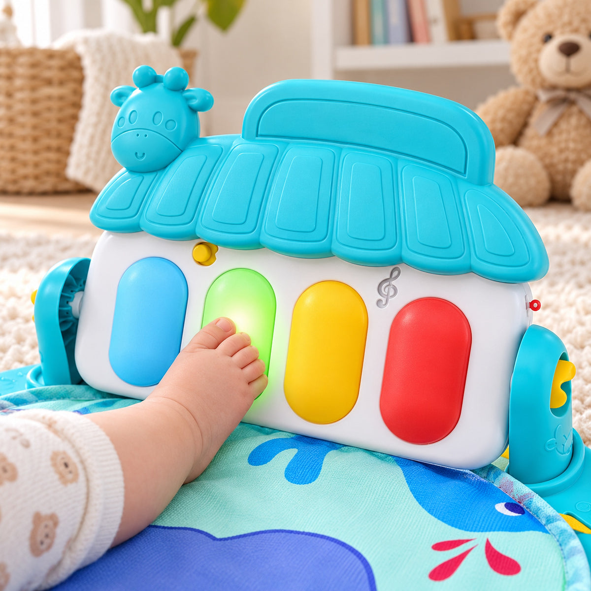 Infant foot pressing the glowing green key on the Lumiwee kick piano