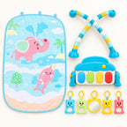 Complete blue elephant Lumiwee baby gym set arranged before assembly