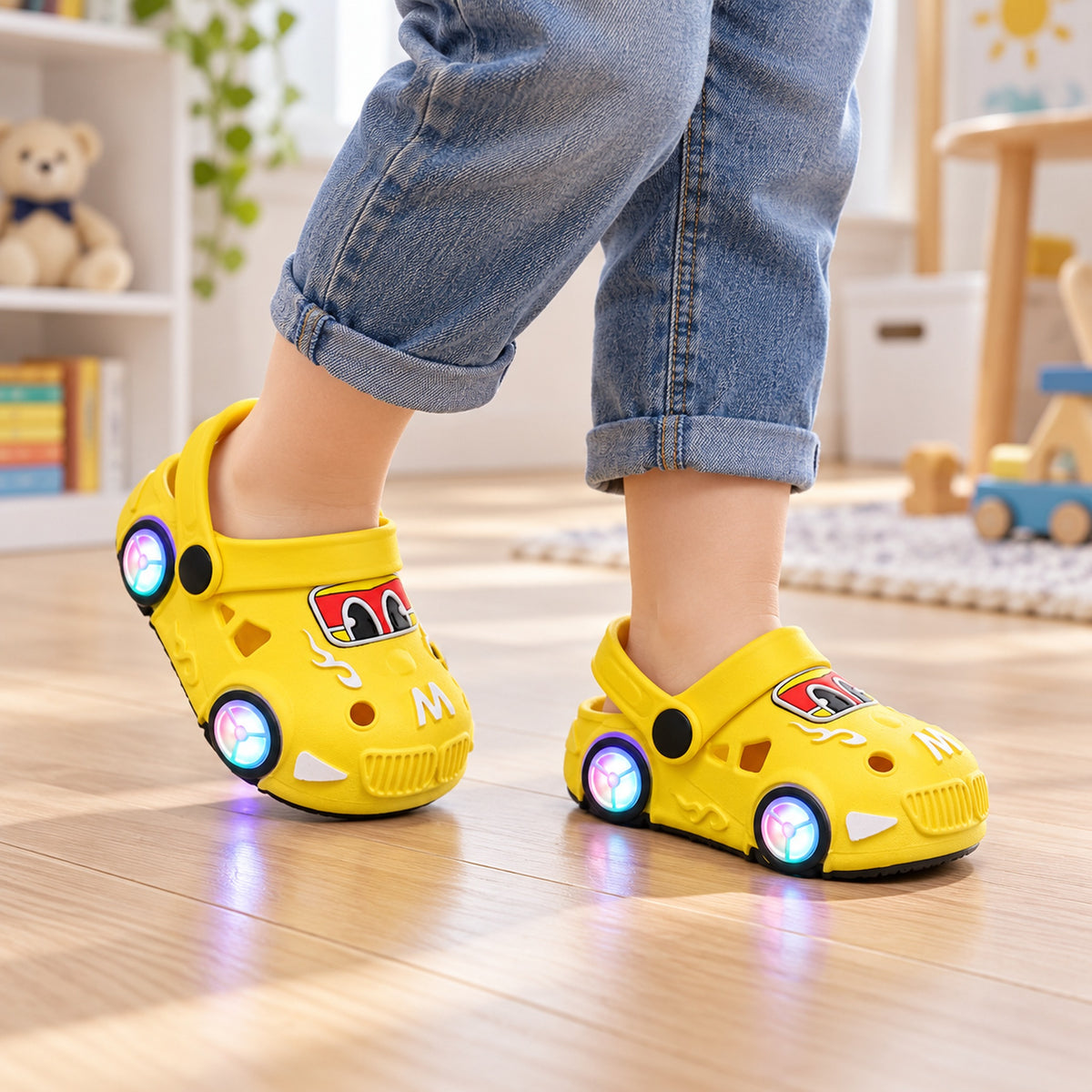 Awake toddler walking indoors in yellow Lumiwee light-up car clogs
