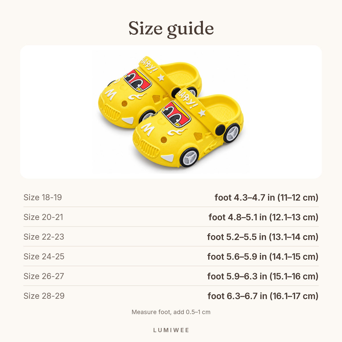 Lumiwee infographic: Comet - Size guide
