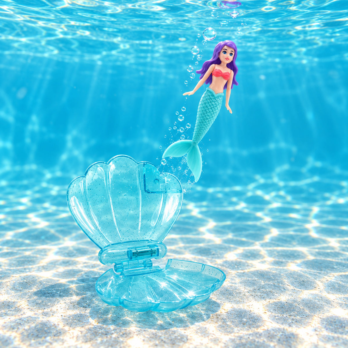 Clear-blue Lumiwee shell open on the pool floor as a mermaid spirals upward