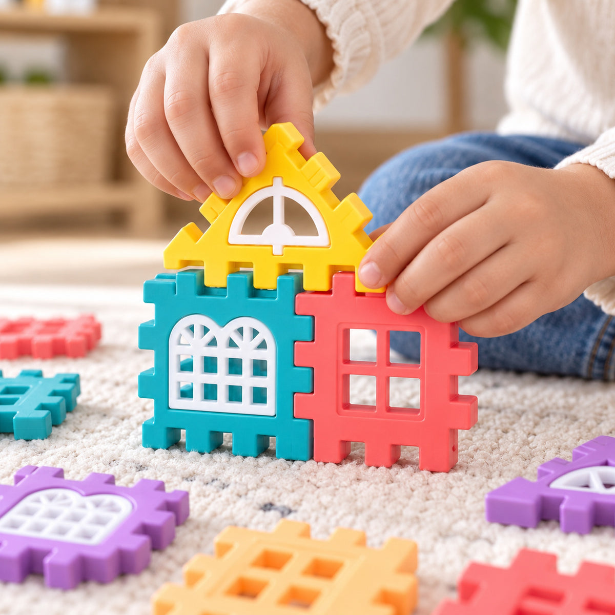 Child clicking a yellow roof piece onto two Lumiwee wall panels
