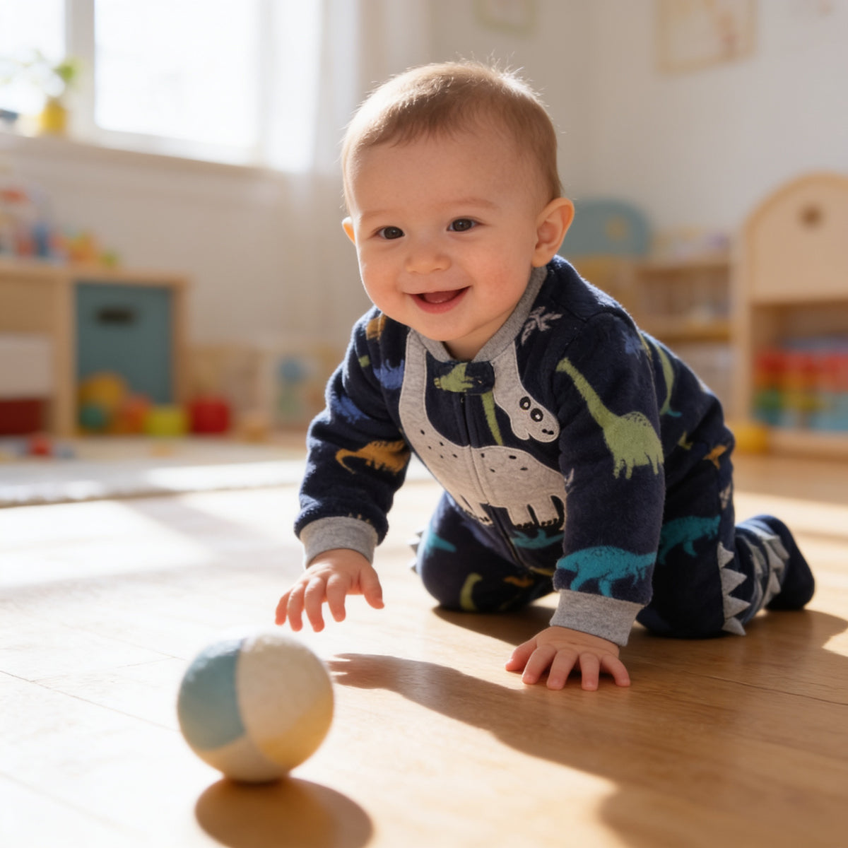 Lumiwee Critter fleece baby romper: baby in the dinosaur romper crawling toward a ball