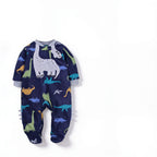 Lumiwee Critter fleece baby romper: navy dinosaur fleece footed baby romper on a white background