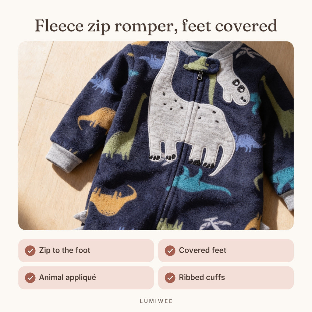 Lumiwee infographic: Critter - Fleece zip romper, feet covered
