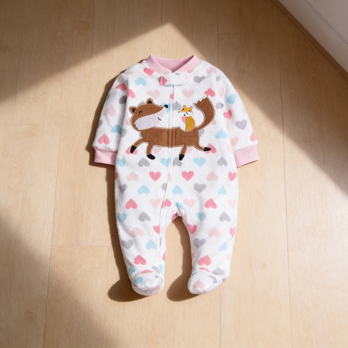 Lumiwee Critter fleece baby romper, Heart Fox option, in a bright room