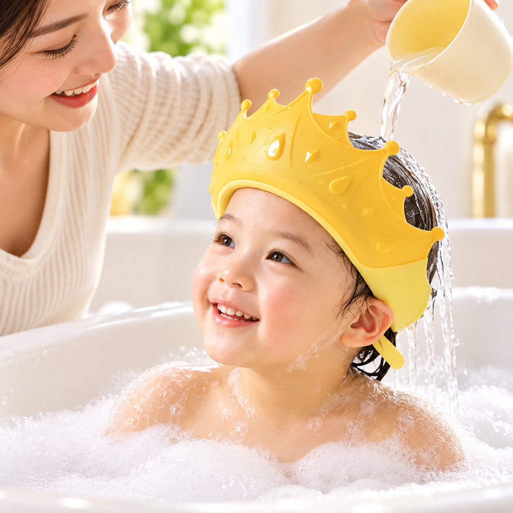 Parent rinsing a smiling toddler's hair behind a yellow Lumiwee crown bath visor
