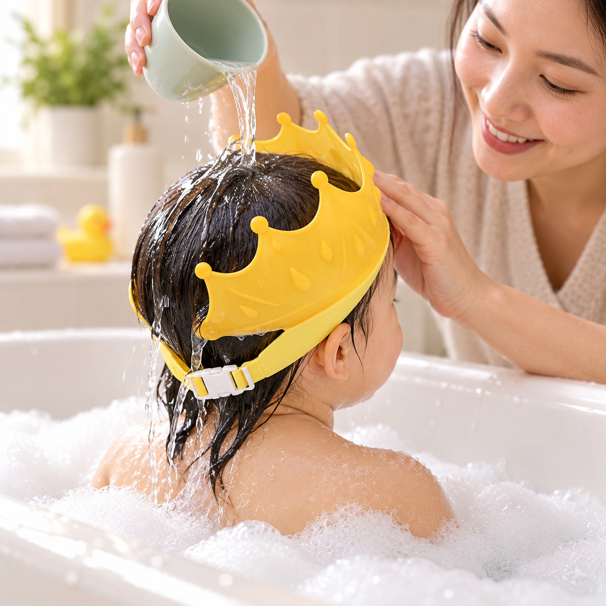 Parent rinsing a toddler's hair with the yellow Lumiwee crown visor buckle visible