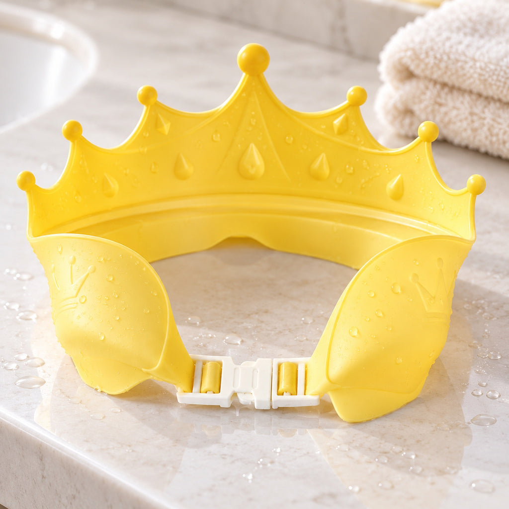 Close-up of the yellow Lumiwee crown bath visor and adjustable white buckle