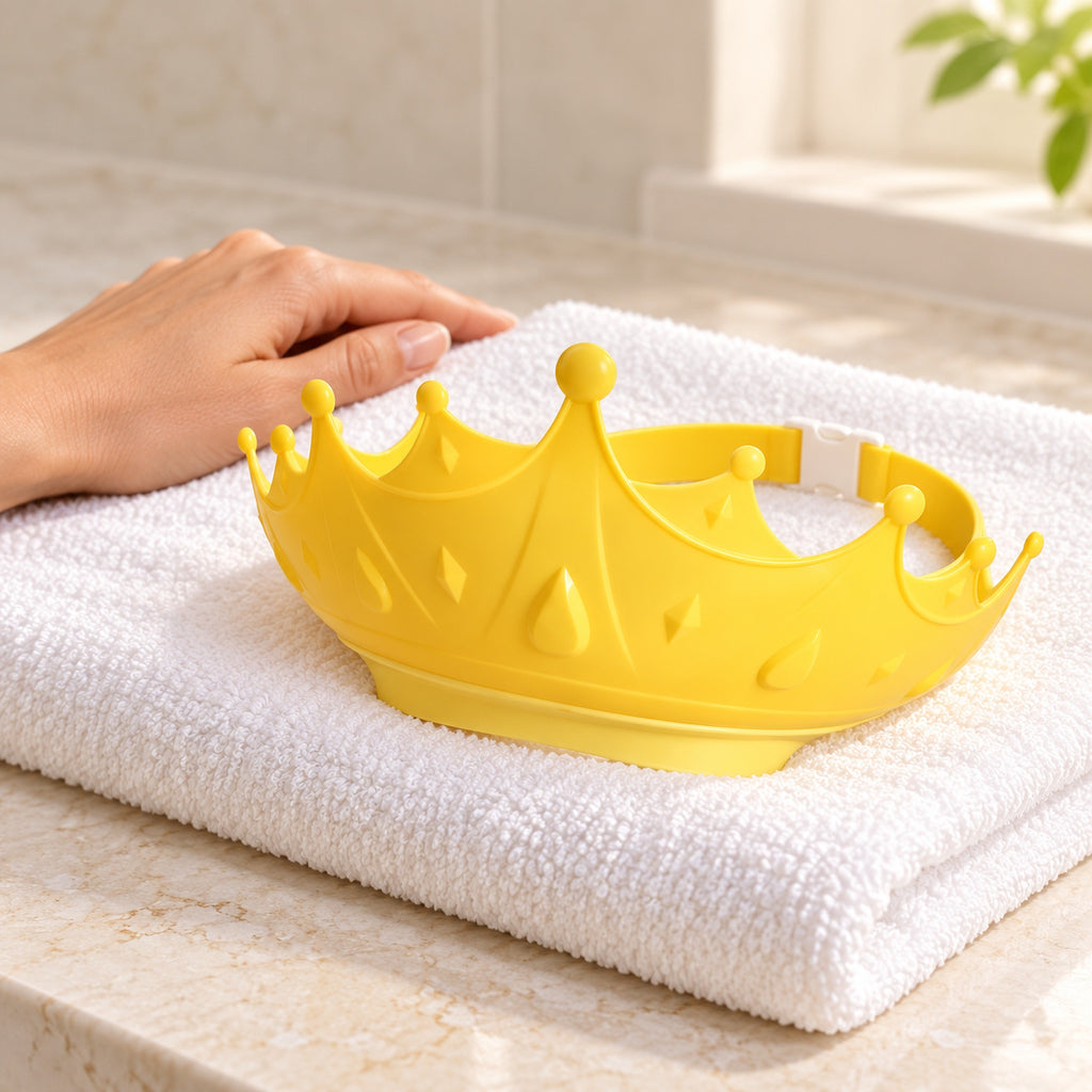 Yellow Lumiwee crown bath visor beside an adult hand for scale