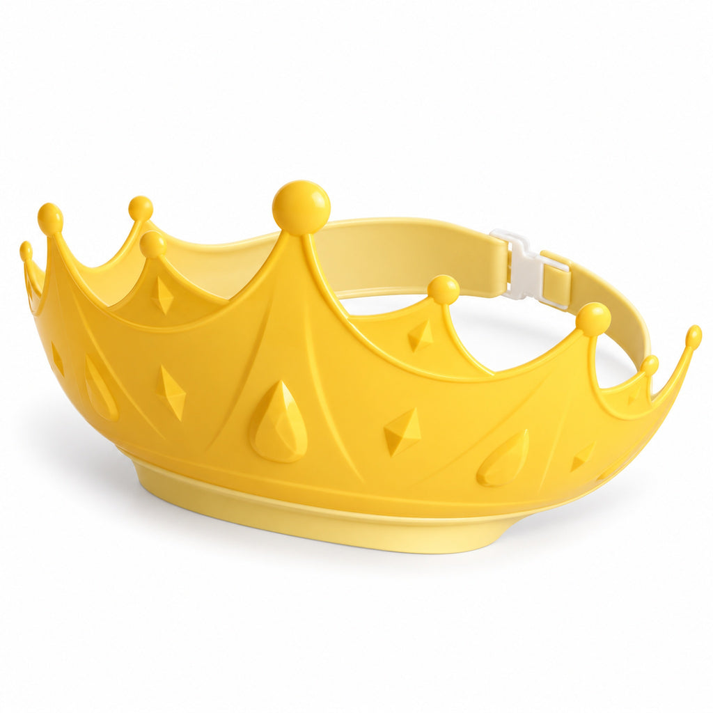 Yellow Lumiwee crown bath visor with adjustable buckle on a white background