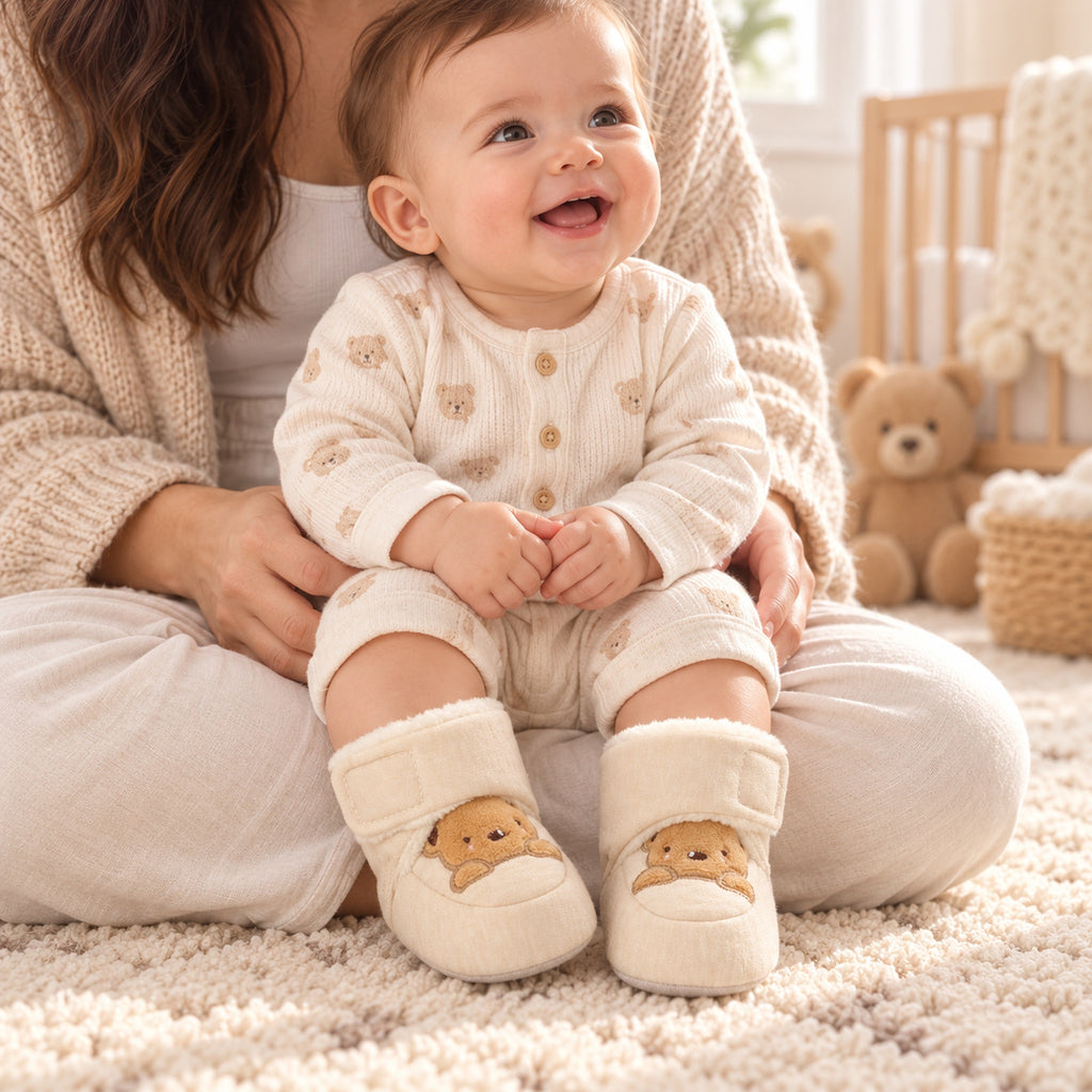 Pre-walking baby wearing cream Lumiwee Brown Bear booties while supported on a parent's lap