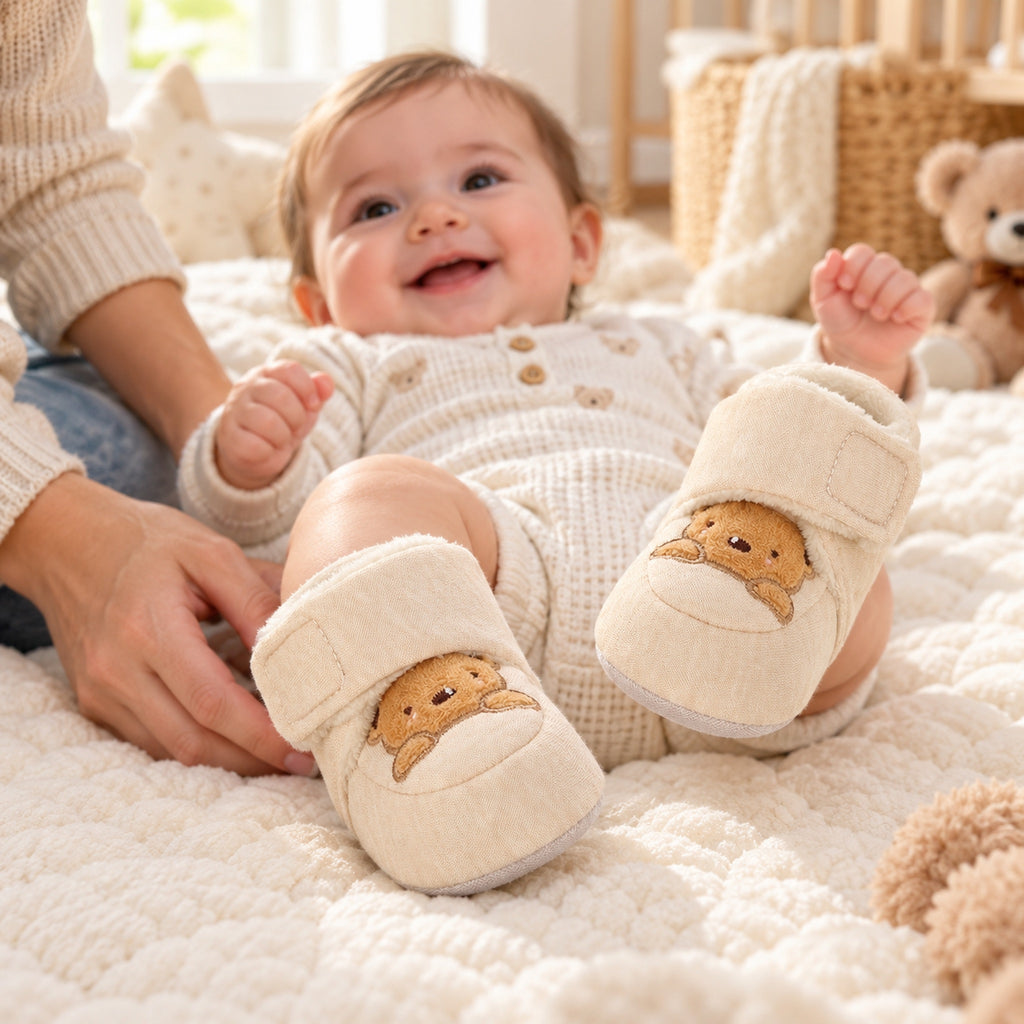 Happy pre-walking baby kicking both feet in cream Lumiwee Brown Bear booties