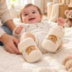 Happy pre-walking baby kicking both feet in cream Lumiwee Brown Bear booties