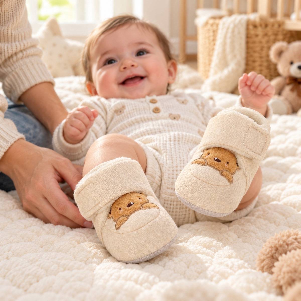 Happy pre-walking baby kicking both feet in cream Lumiwee Brown Bear booties