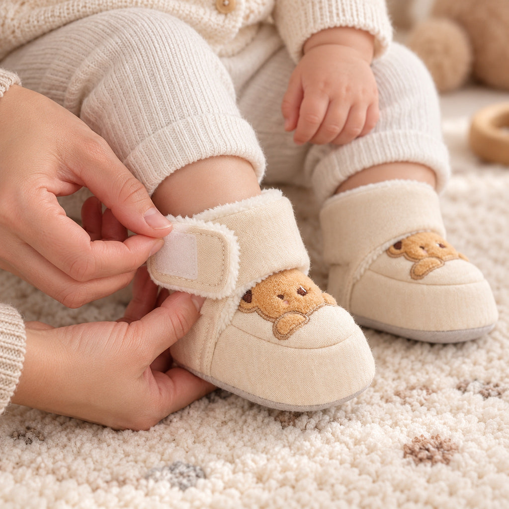 Adult fastening the wraparound strap on a Lumiwee Brown Bear baby bootie