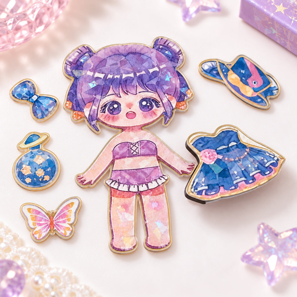 Close-up of a purple-haired Lumiwee magnetic doll and removable dress pieces