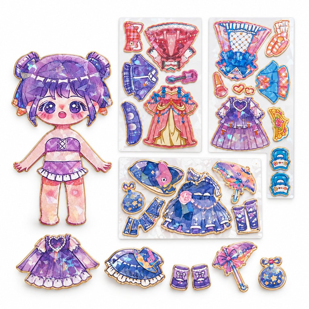 Purple-haired Lumiwee magnetic doll with three outfit sheets on a white background