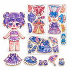 Purple-haired Lumiwee magnetic doll with three outfit sheets on a white background