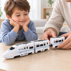Adult clipping a passenger car onto the Lumiwee Dash bullet toy train
