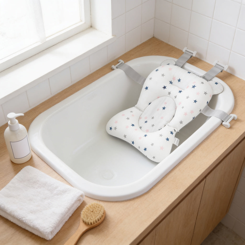 Lumiwee Dew baby bath support cushion: white stars bath support cushion clipped into an empty baby tub