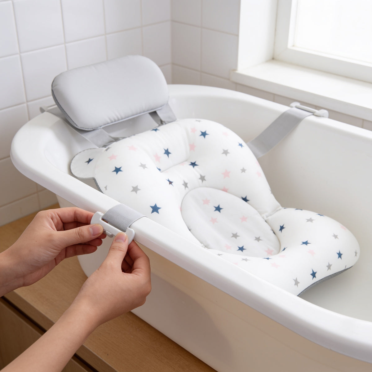 Lumiwee Dew baby bath support cushion: clipping a strap over the tub edge