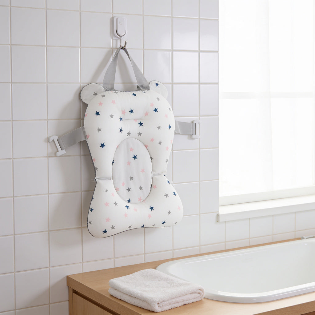 Lumiwee Dew baby bath support cushion: the cushion hanging on a hook to air-dry