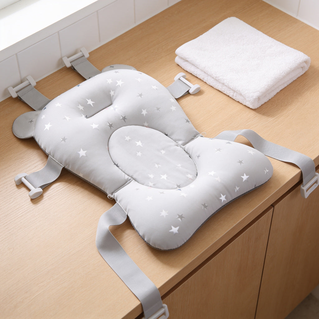 Lumiwee Dew baby bath support cushion: the cushion next to a folded hand towel for scale