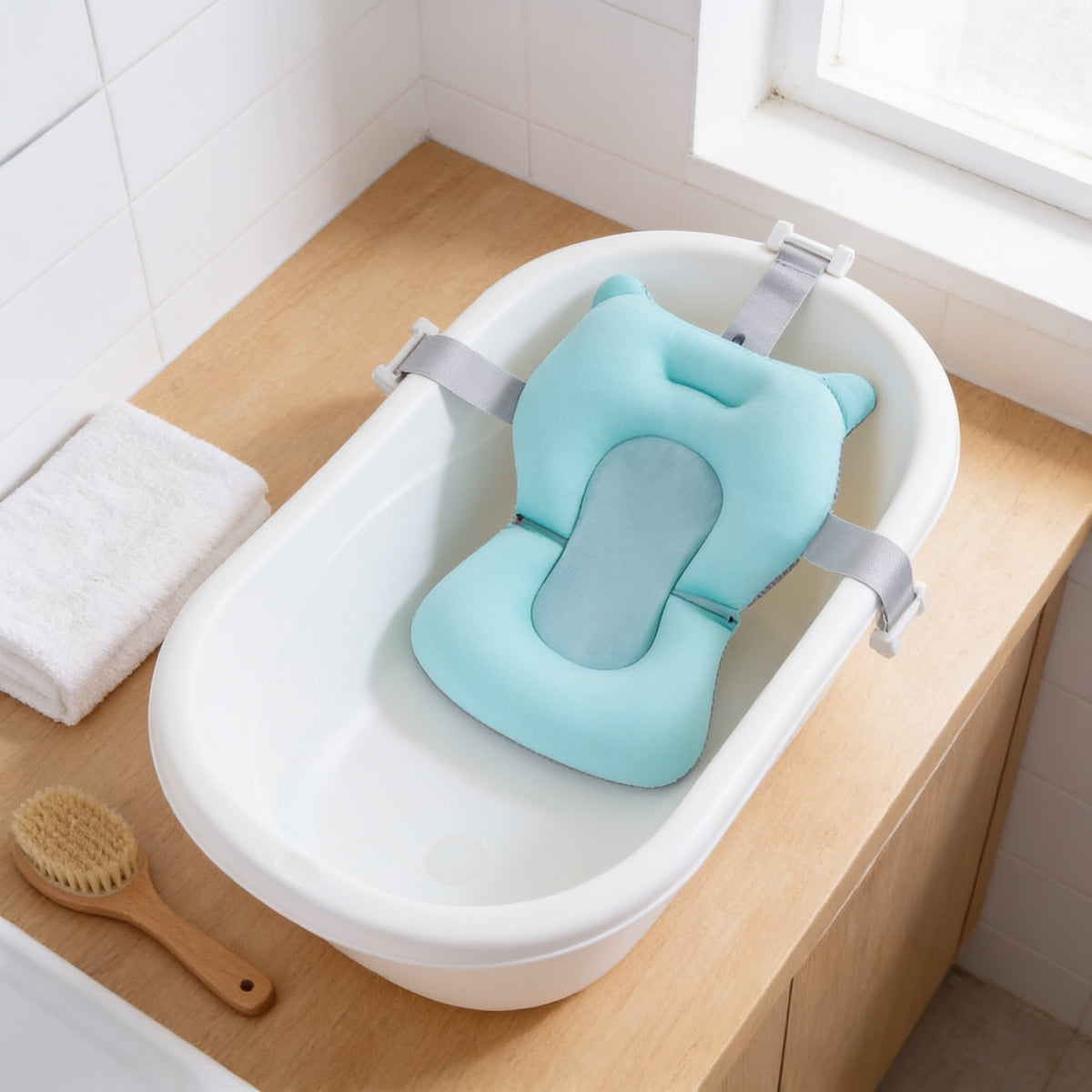 Lumiwee Dew baby bath support cushion, Aqua option, in a bright room