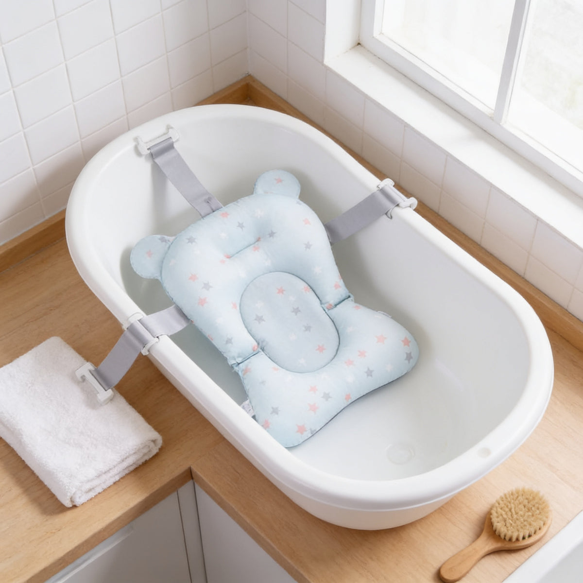 Lumiwee Dew baby bath support cushion, Blue Stars option, in a bright room
