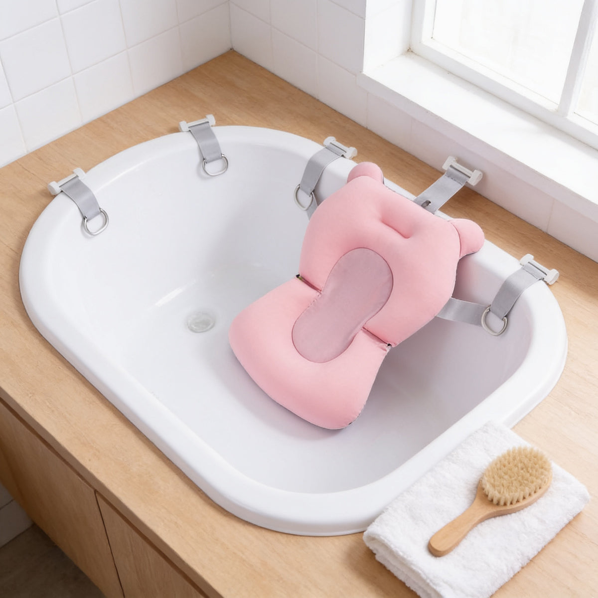 Lumiwee Dew baby bath support cushion, Pink option, in a bright room