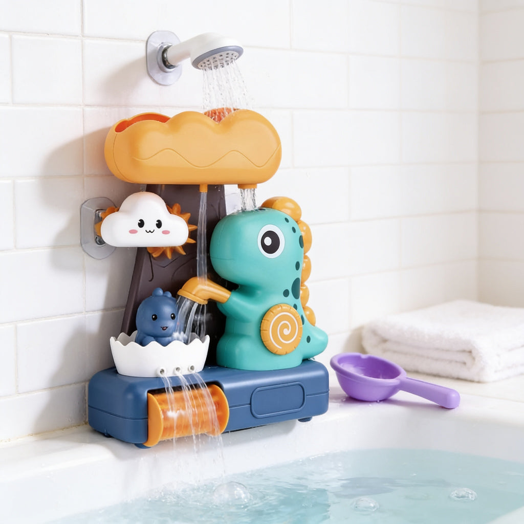 Lumiwee Dino waterfall bath toy: dinosaur waterfall bath toy stuck on bathroom tiles above a tub