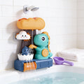 Lumiwee Dino waterfall bath toy: dinosaur waterfall bath toy stuck on bathroom tiles above a tub