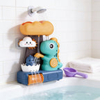 Lumiwee Dino waterfall bath toy: dinosaur waterfall bath toy stuck on bathroom tiles above a tub