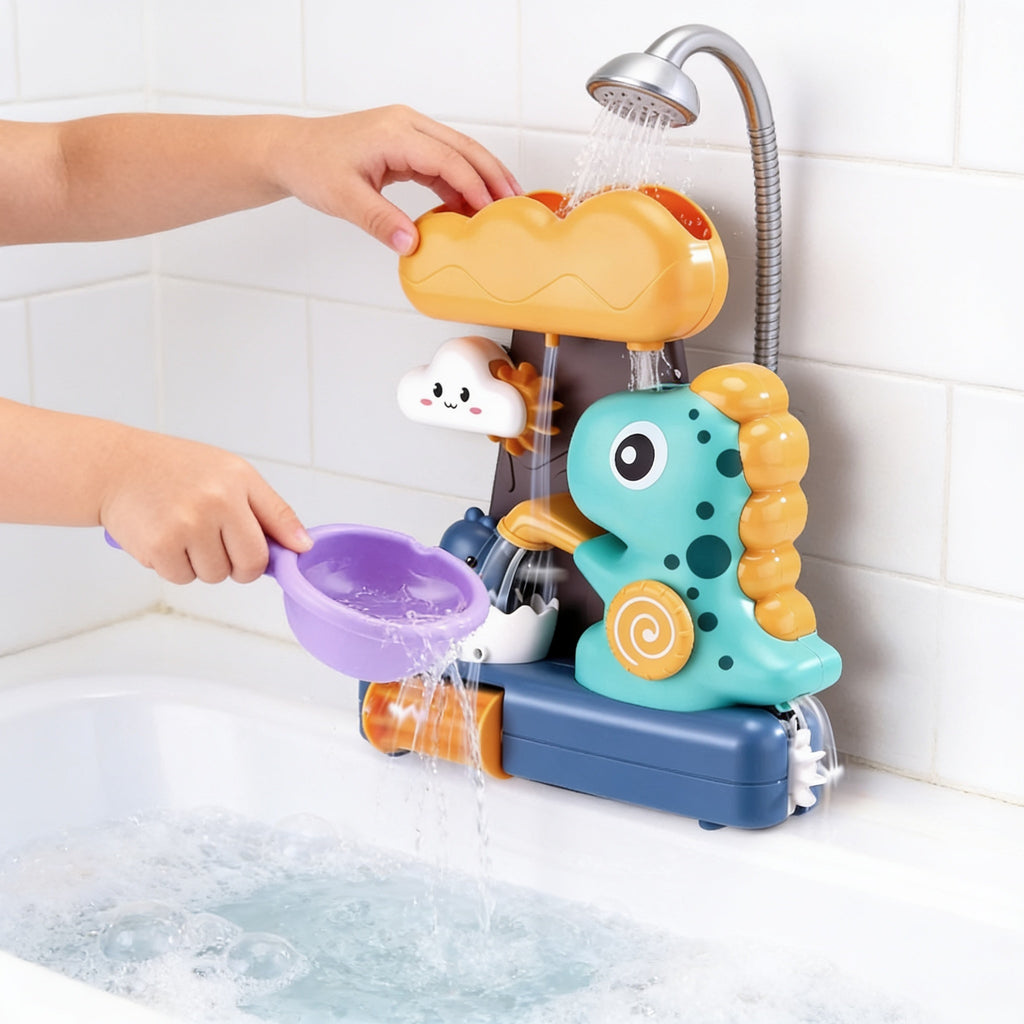 Lumiwee Dino waterfall bath toy: small hands pouring water into the cloud of the dino bath toy