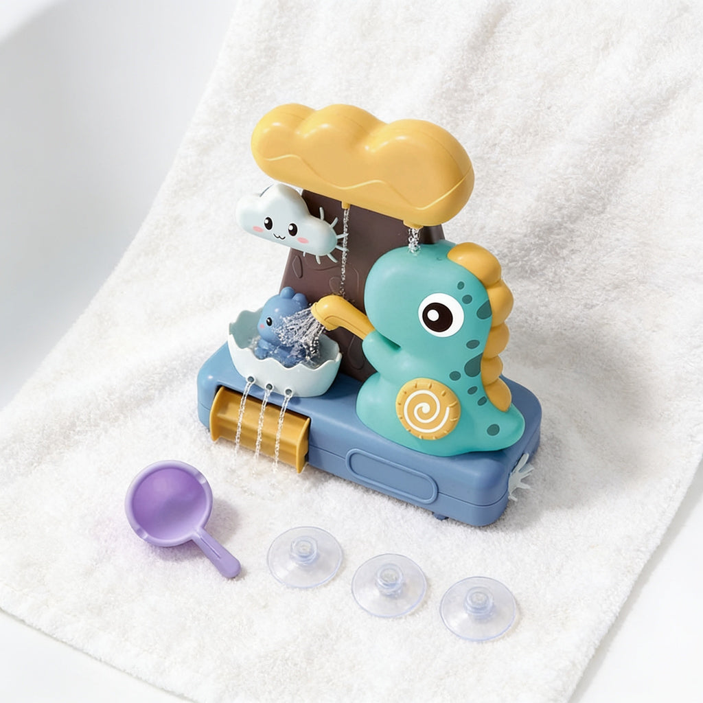 Lumiwee Dino waterfall bath toy: what is included: toy, scoop and three suction cups