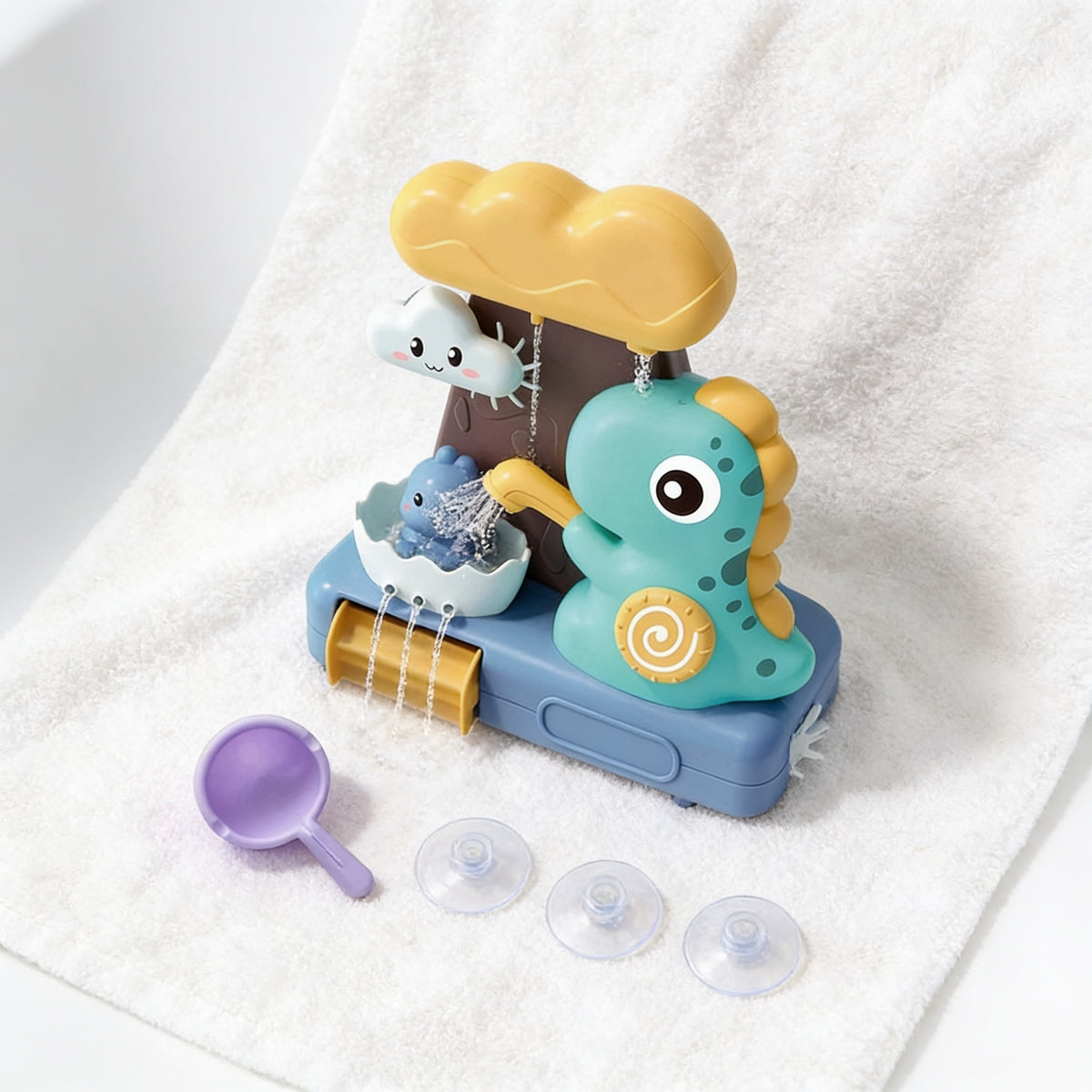 Lumiwee Dino waterfall bath toy: what is included: toy, scoop and three suction cups