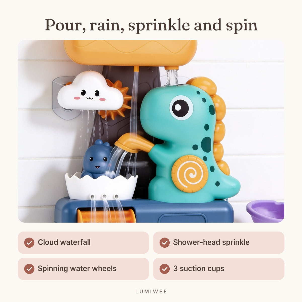 Lumiwee infographic: Dino - Pour, rain, sprinkle and spin