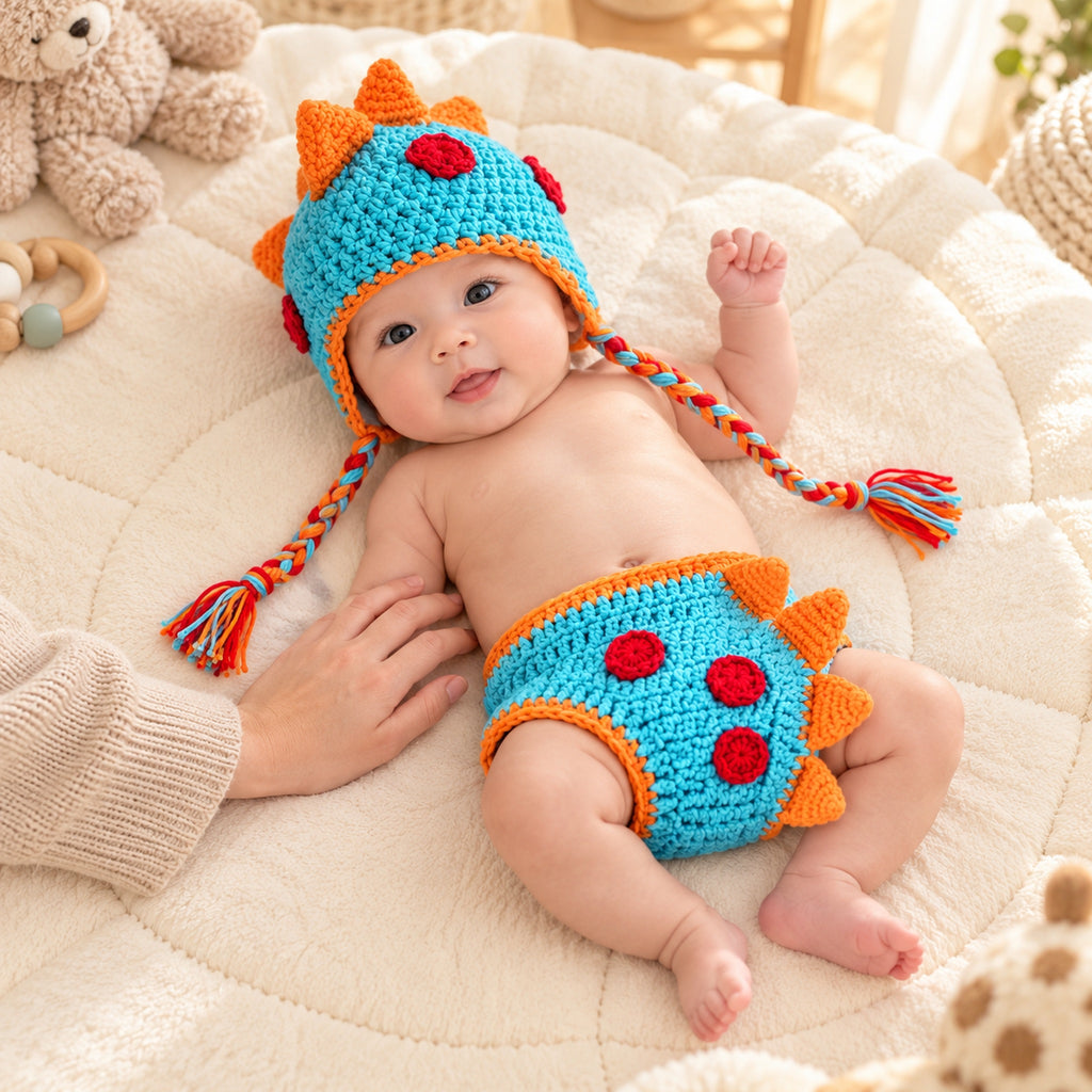Awake newborn wearing the blue and orange Lumiwee dinosaur crochet photo props beside a parent's hand
