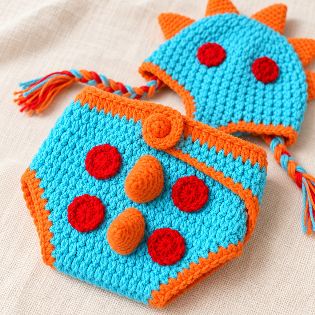 Close-up of the blue and orange Lumiwee dinosaur crochet set and button closure