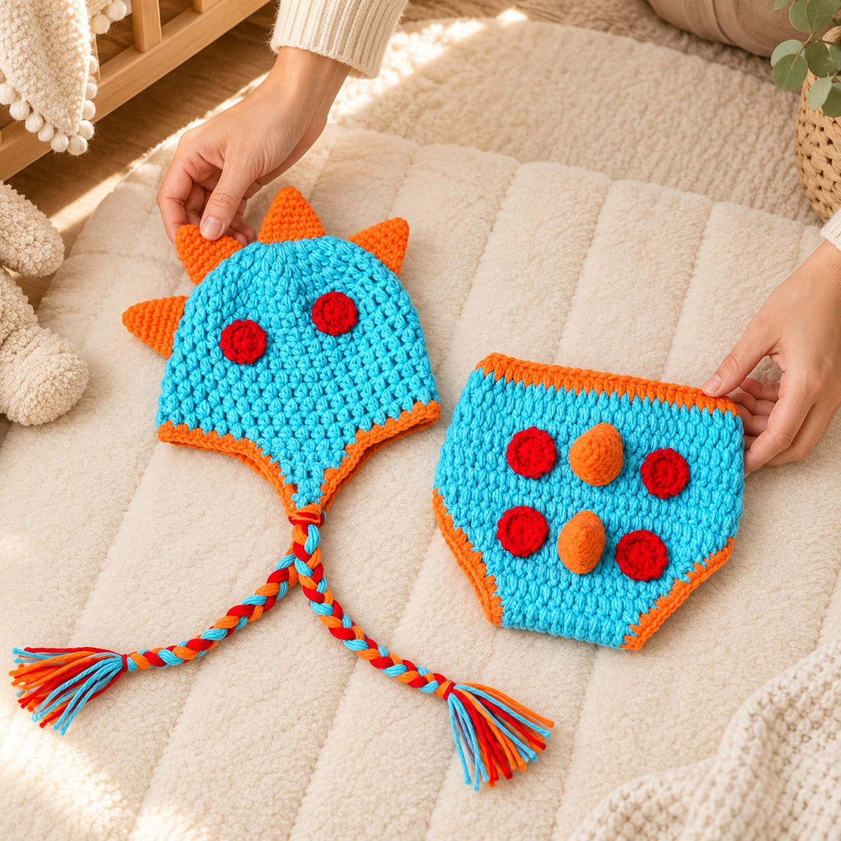 Parent arranging the Lumiwee dinosaur crochet photo props on a padded floor mat